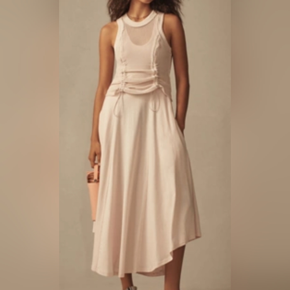 Anthropologie Blush Pink Midi Dress with Lace-Up Bodice